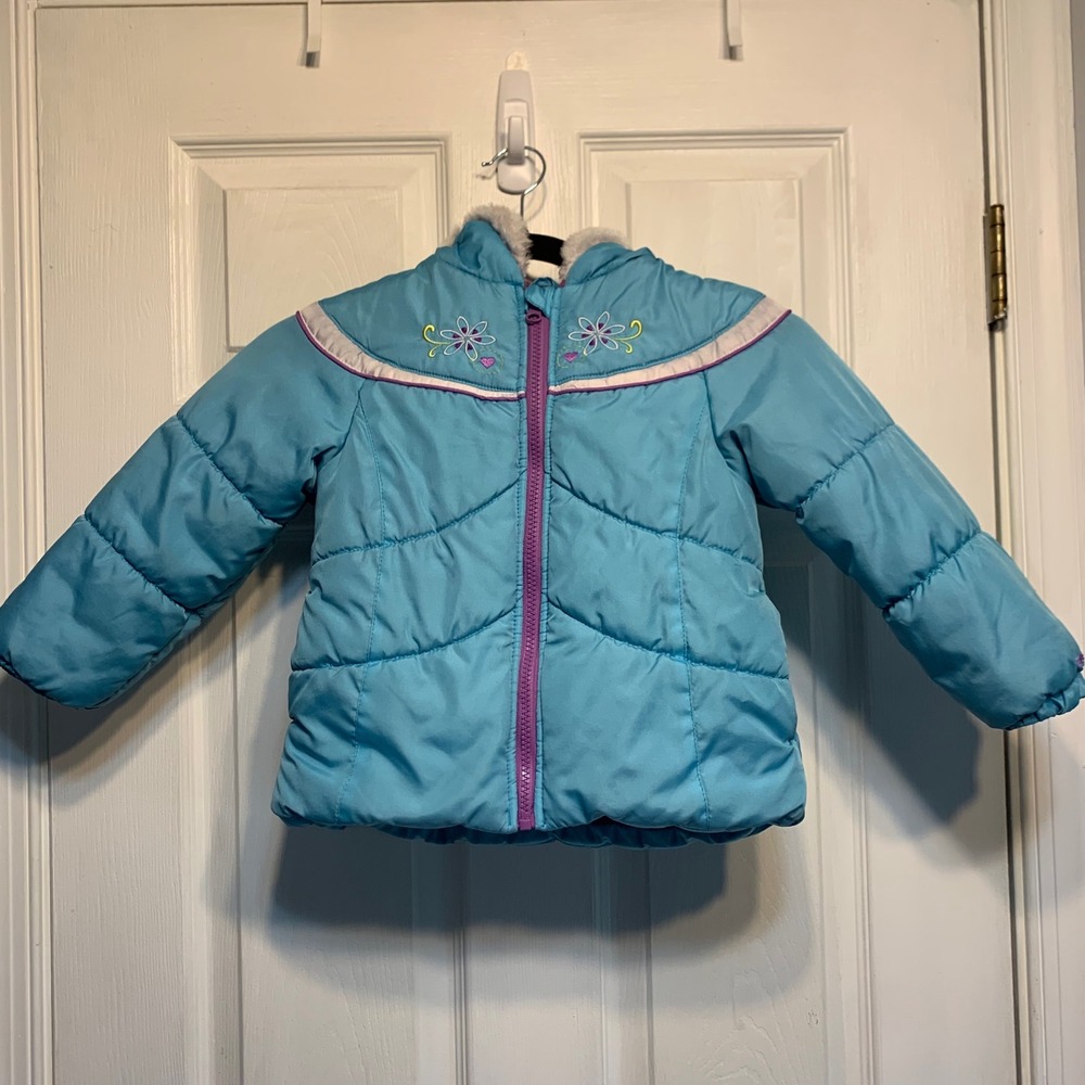 London Fog Puffer Jacket 4T Turquoise Purple Floral Faux Fur Hood Winter Warm